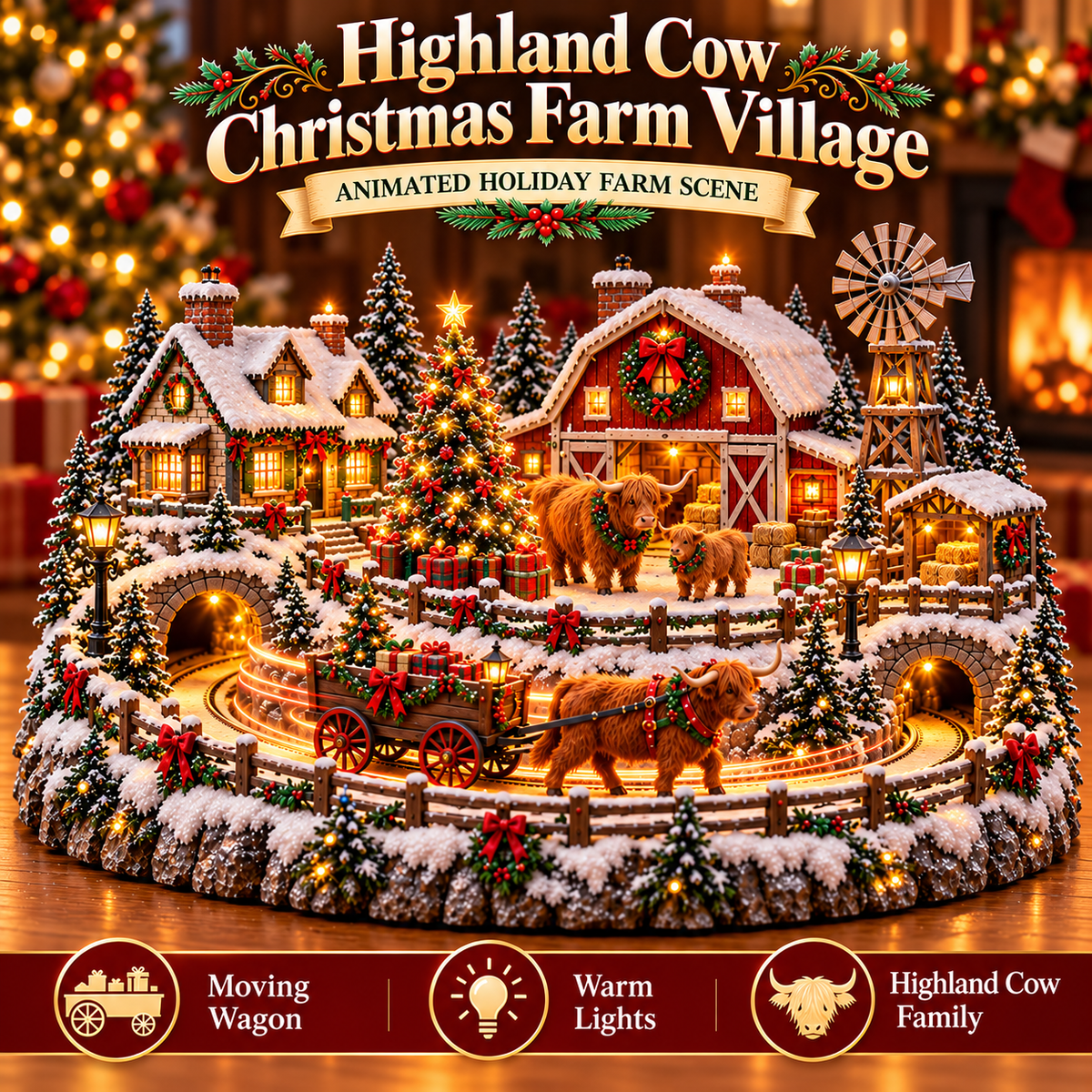 🐴🎄Lighted Christmas Farm Village – Horse Stable & Highland Cow Holiday Scene
