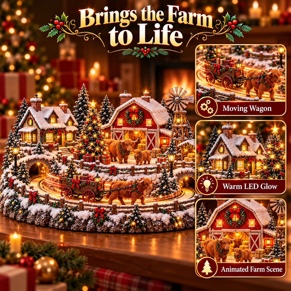 🐴🎄Lighted Christmas Farm Village – Horse Stable & Highland Cow Holiday Scene