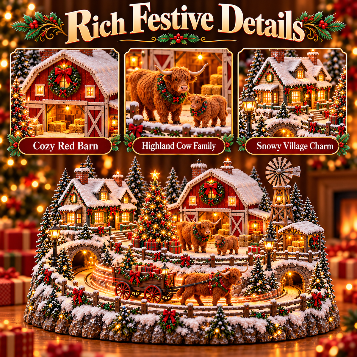 🐴🎄Lighted Christmas Farm Village – Horse Stable & Highland Cow Holiday Scene
