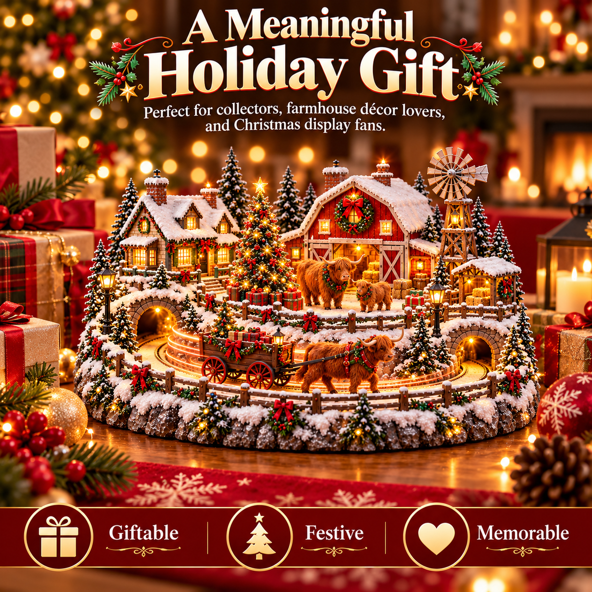 🐴🎄Lighted Christmas Farm Village – Horse Stable & Highland Cow Holiday Scene