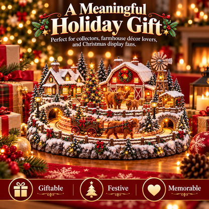 🐴🎄Lighted Christmas Farm Village – Horse Stable & Highland Cow Holiday Scene