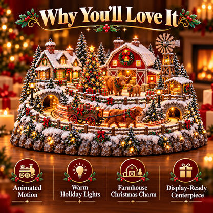 🐴🎄Lighted Christmas Farm Village – Horse Stable & Highland Cow Holiday Scene