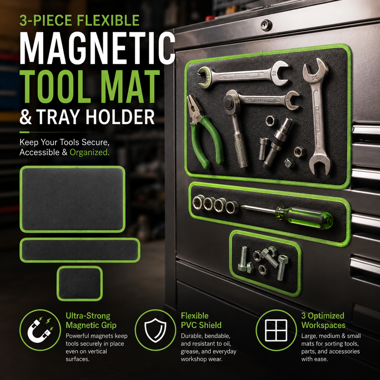 3-Piece Flexible Magnetic Tool Mat & Tray Holder 🛠️🧲