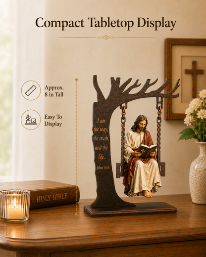 ✝️ Christian Faith Table Decor - Blessed Mary Cradle Swing Sculpture 🕊️