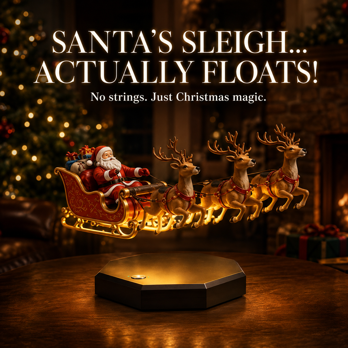 Floating Santa sleigh and reindeer Christmas magnetic display