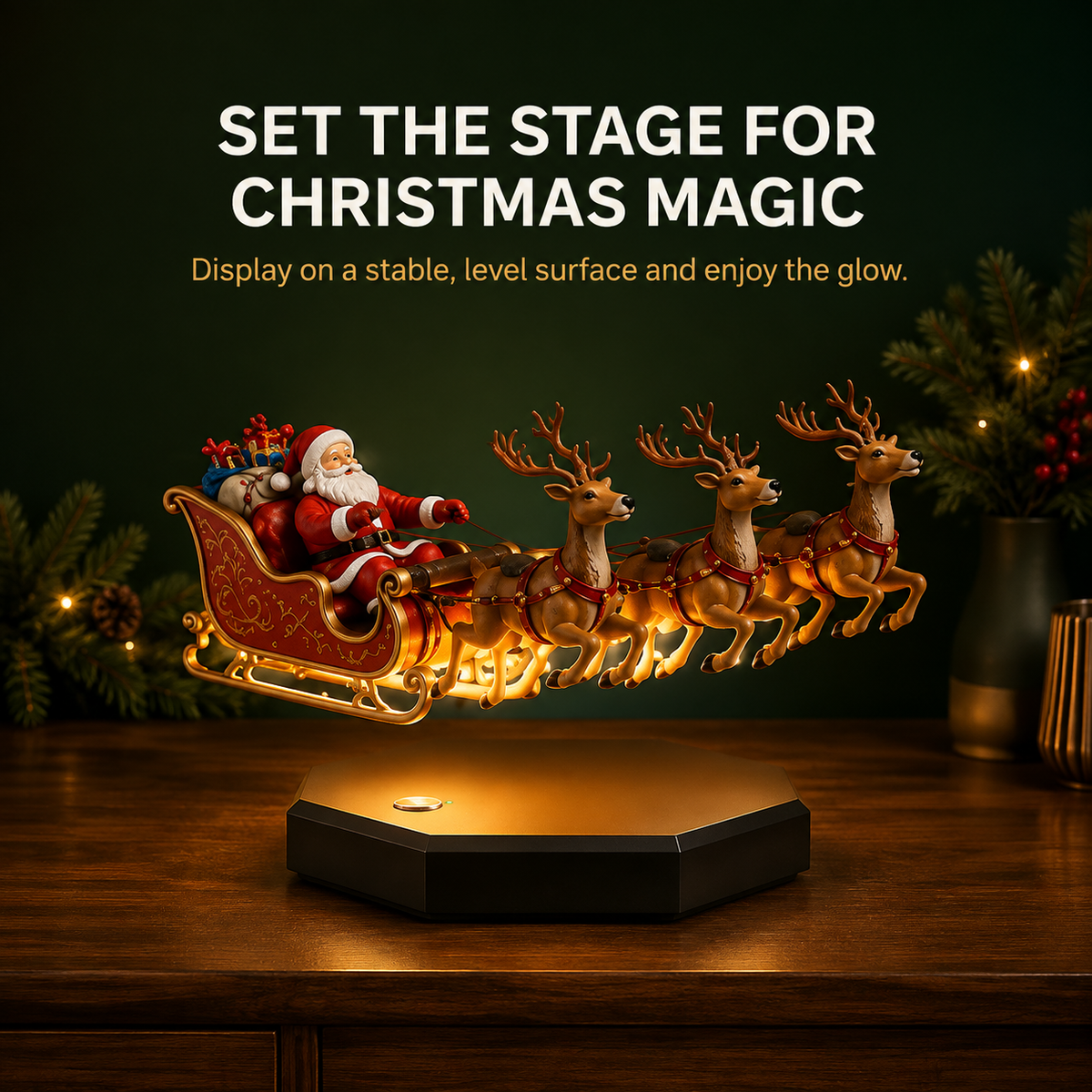 Illuminated floating Santa sleigh Christmas display on a console table
