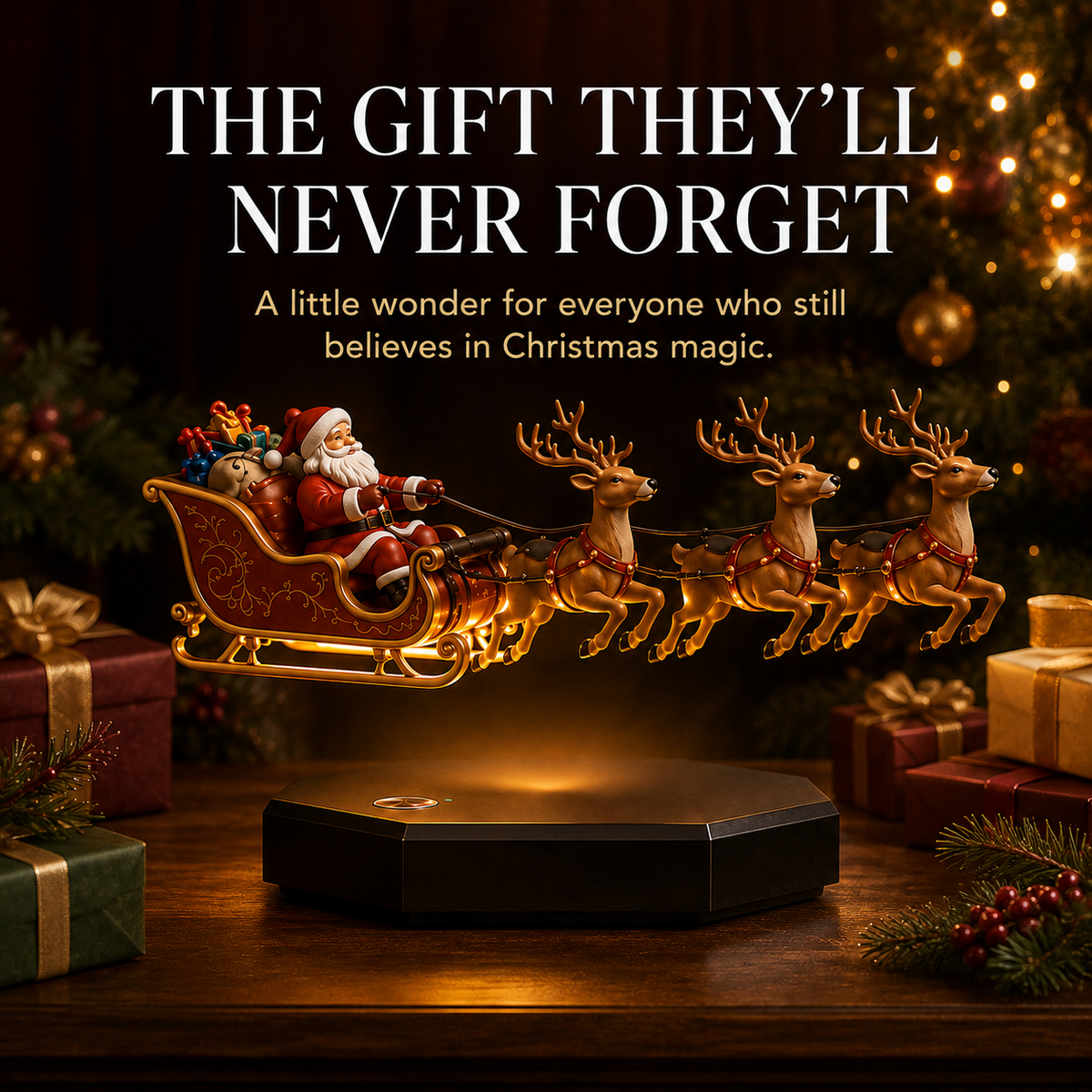 Floating Santa sleigh holiday gift centerpiece with wrapped presents