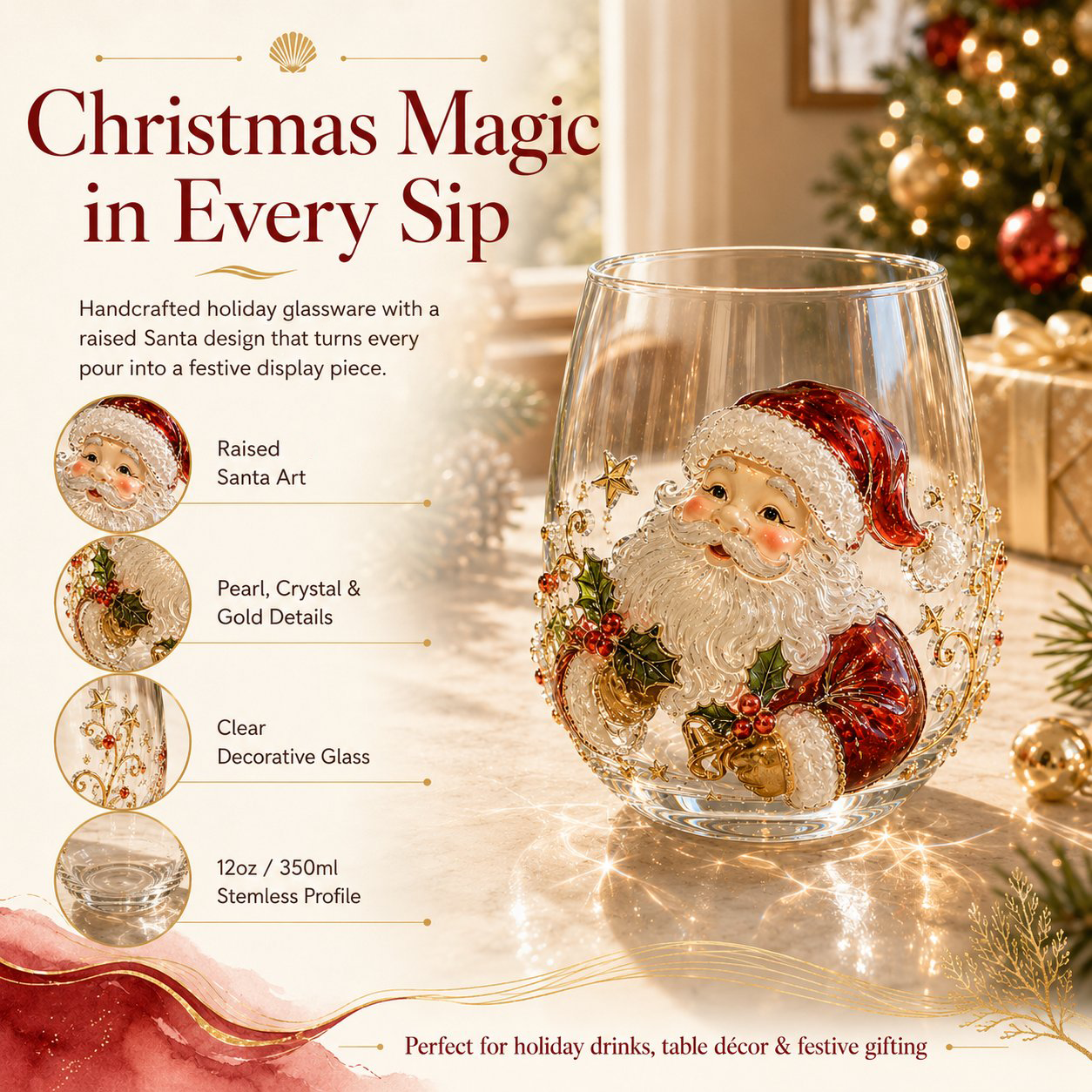 🎄✨ Christmas Glass Art Cup | Luxury Raised Holiday Glassware for Drinks, Decor & Christmas Gifts 🎁