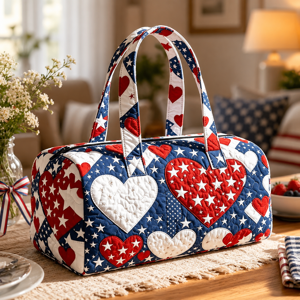 🇺🇸🧵 Handcrafted Patriotic Quilted Tote Bag – 3D Floral American Flag Travel Duffel