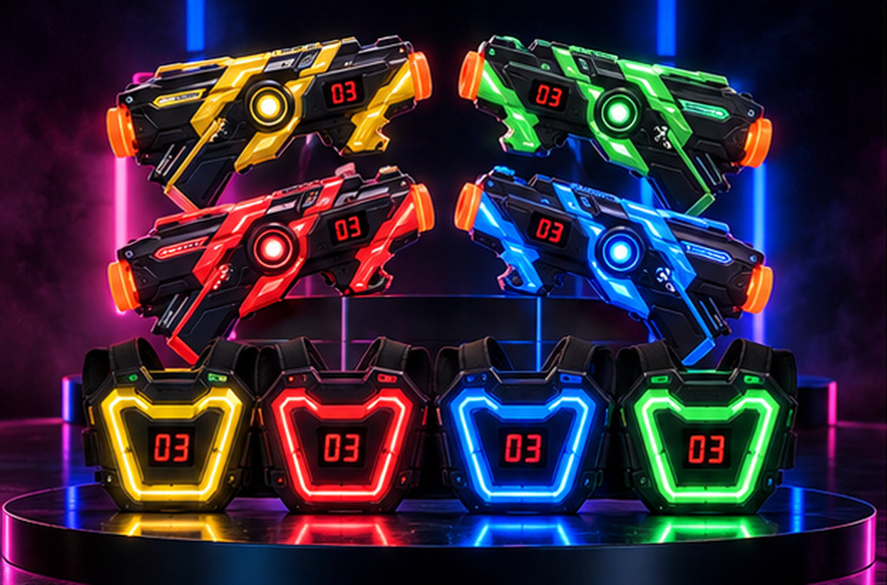 Four blasters and four illuminated chest targets