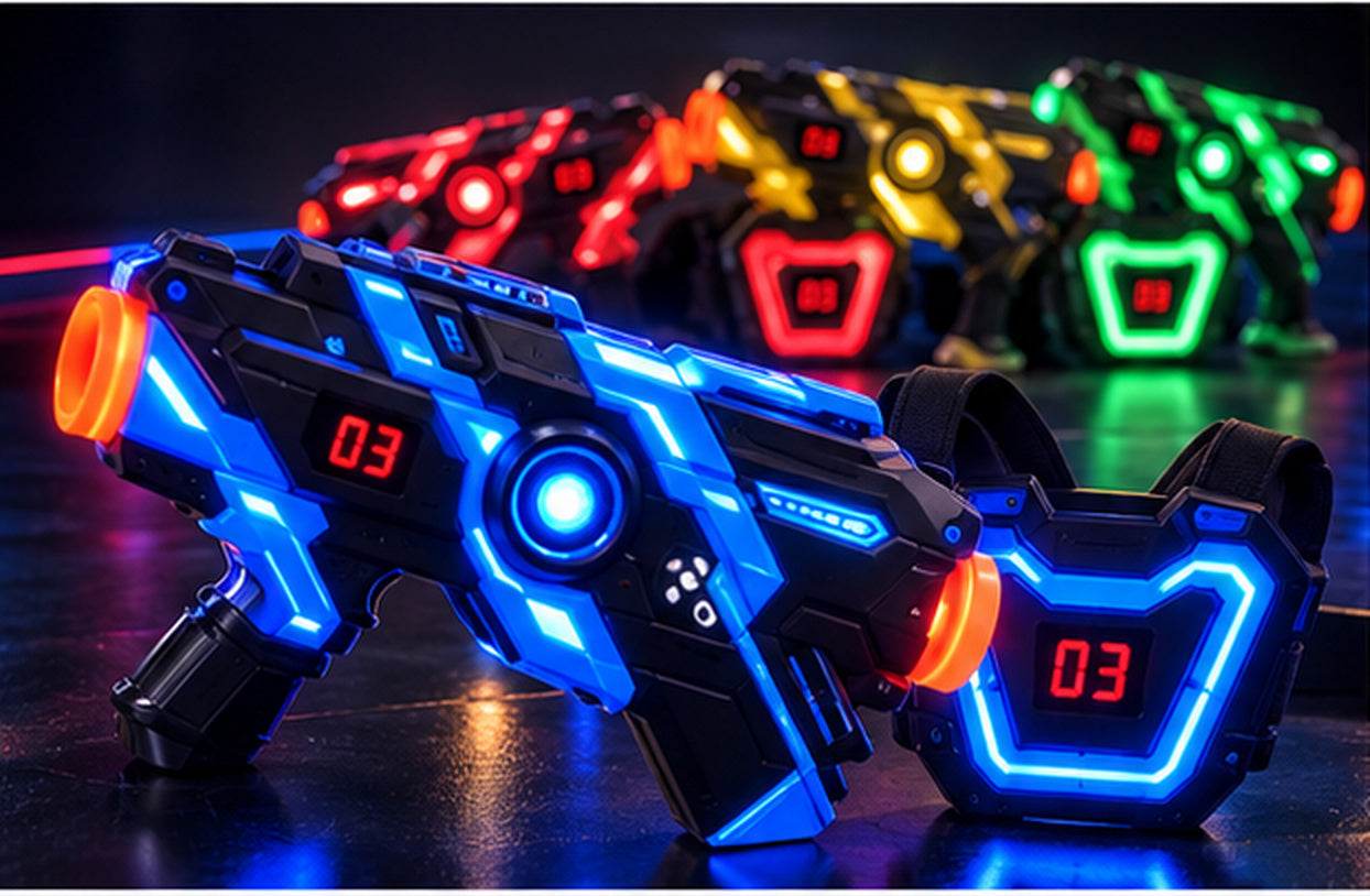 Blue blaster and chest target close-up