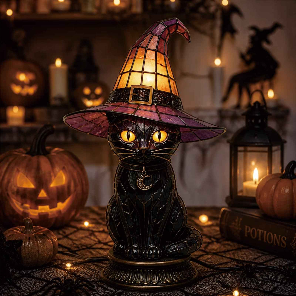 🎃Handcrafted Mosaic Tiffany Witch Cat Stained Glass Table Lamp, Mysterious Gothic Witchy Halloween Desktop Lamp
