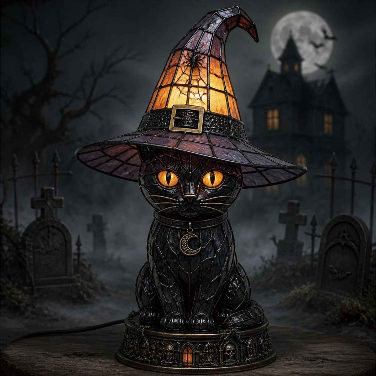 🎃Handcrafted Mosaic Tiffany Witch Cat Stained Glass Table Lamp, Mysterious Gothic Witchy Halloween Desktop Lamp