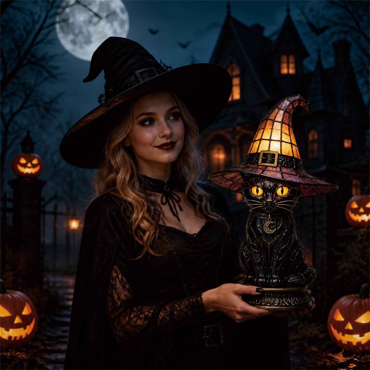 🎃Handcrafted Mosaic Tiffany Witch Cat Stained Glass Table Lamp, Mysterious Gothic Witchy Halloween Desktop Lamp