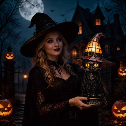 🎃Handcrafted Mosaic Tiffany Witch Cat Stained Glass Table Lamp, Mysterious Gothic Witchy Halloween Desktop Lamp