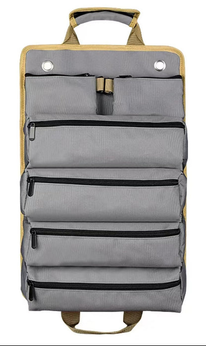 Heavy‑Duty Hanging Tool Bag, 6 Zipper Pockets, Hang‑Open Pegboard Wall Organizer, Hand Tool Storage Pouch for Garage Workshop DIY Home Repairs