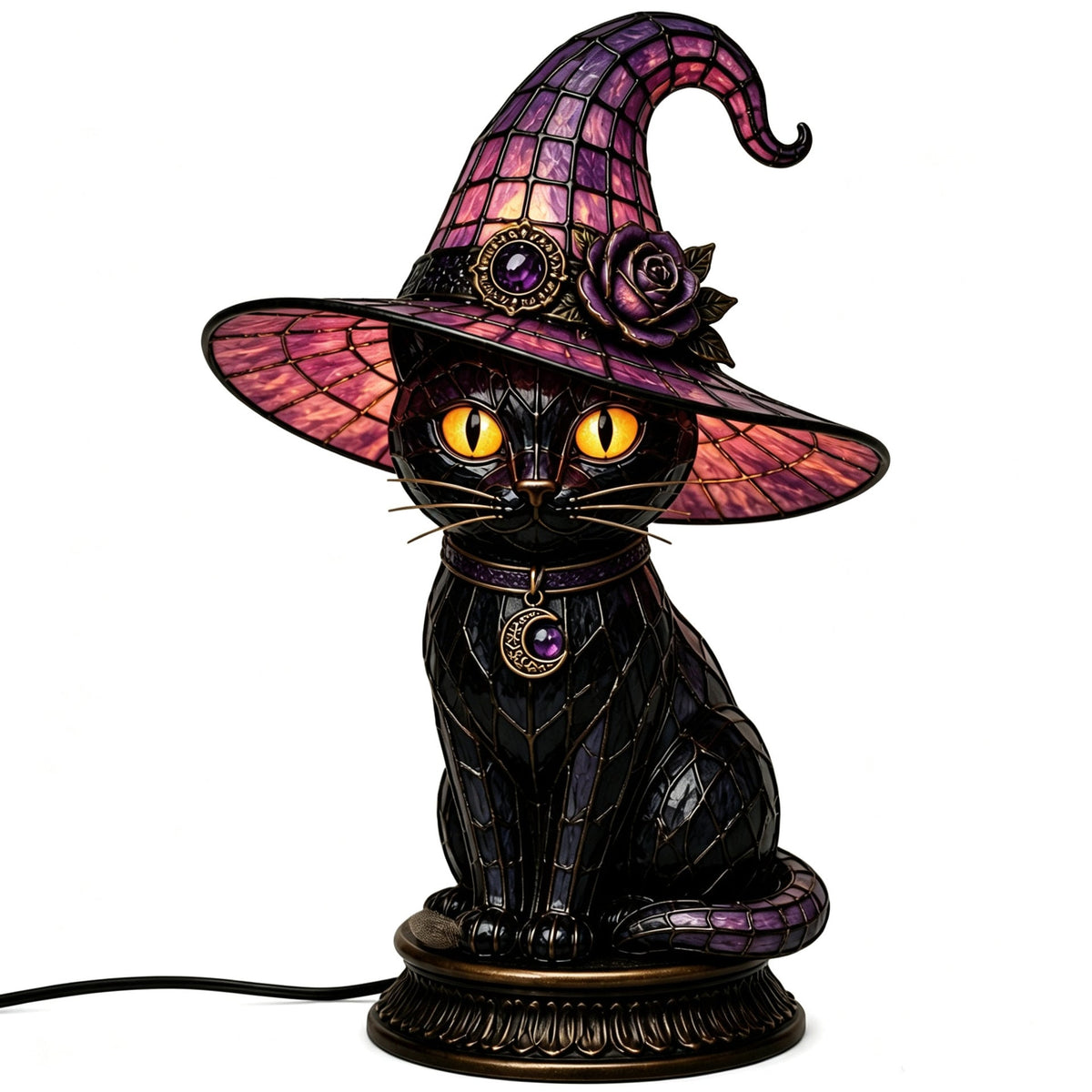 🎃Handcrafted Mosaic Tiffany Witch Cat Stained Glass Table Lamp, Mysterious Gothic Witchy Halloween Desktop Lamp