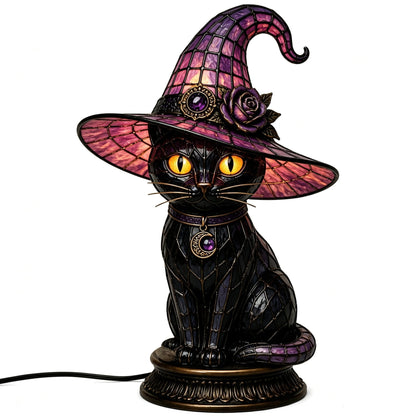 🎃Handcrafted Mosaic Tiffany Witch Cat Stained Glass Table Lamp, Mysterious Gothic Witchy Halloween Desktop Lamp
