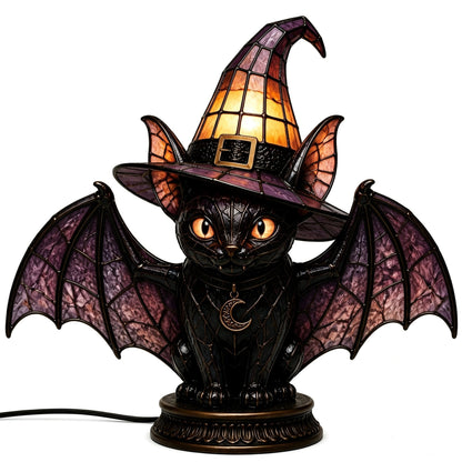 🎃Handcrafted Mosaic Tiffany Witch Cat Stained Glass Table Lamp, Mysterious Gothic Witchy Halloween Desktop Lamp