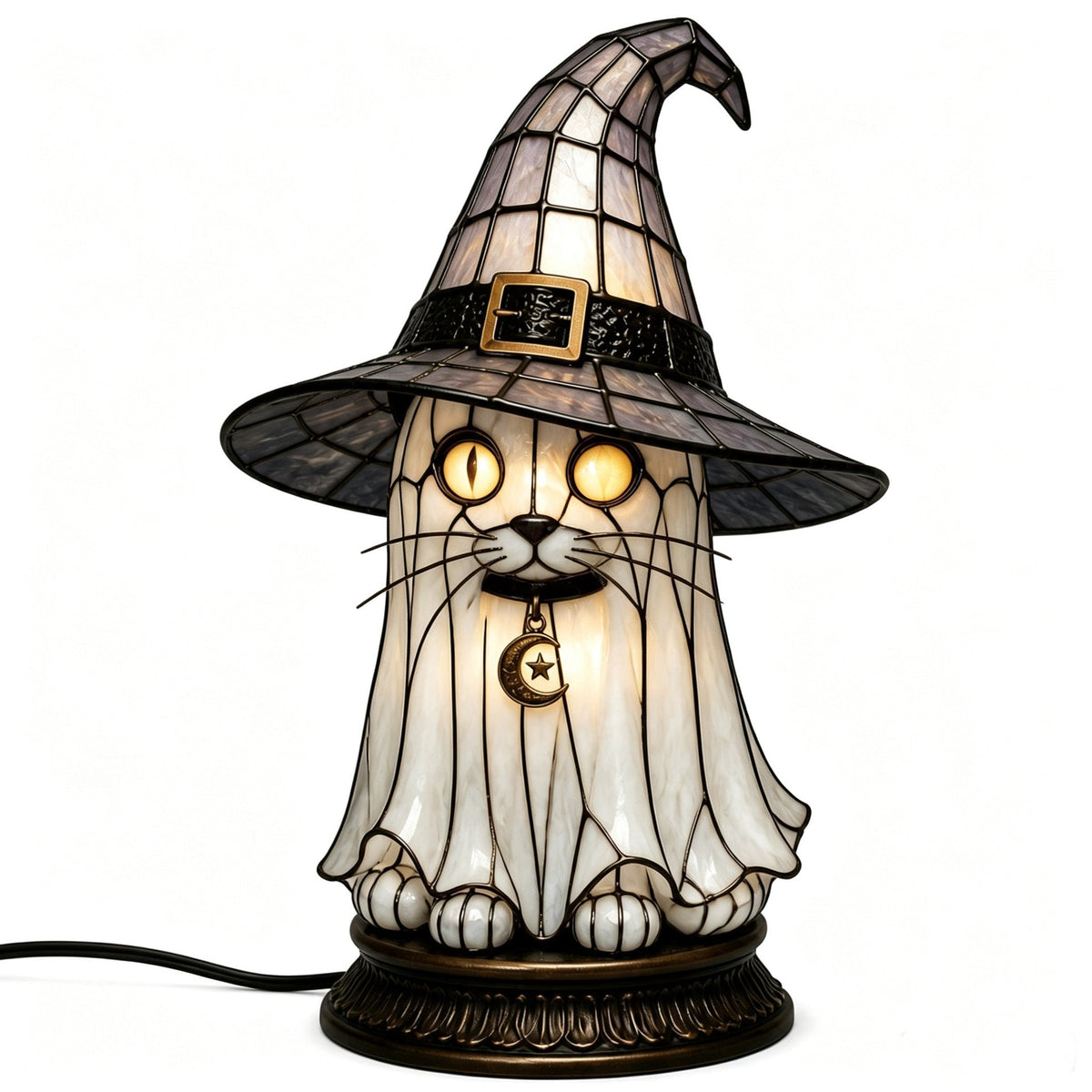 🎃Handcrafted Mosaic Tiffany Witch Cat Stained Glass Table Lamp, Mysterious Gothic Witchy Halloween Desktop Lamp