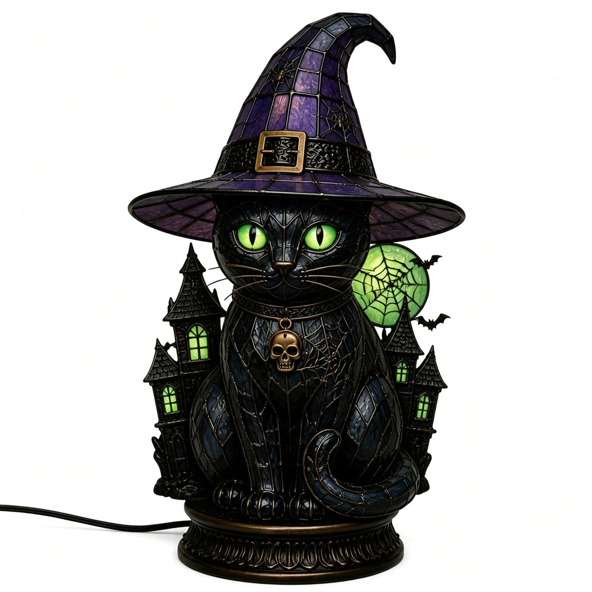 🎃Handcrafted Mosaic Tiffany Witch Cat Stained Glass Table Lamp, Mysterious Gothic Witchy Halloween Desktop Lamp