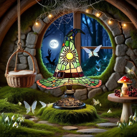 🧟🎃Dark Cottagecore Stained Glass Witch Hat USB Resin Lamp – Dreamy Mystical Accent Lighting