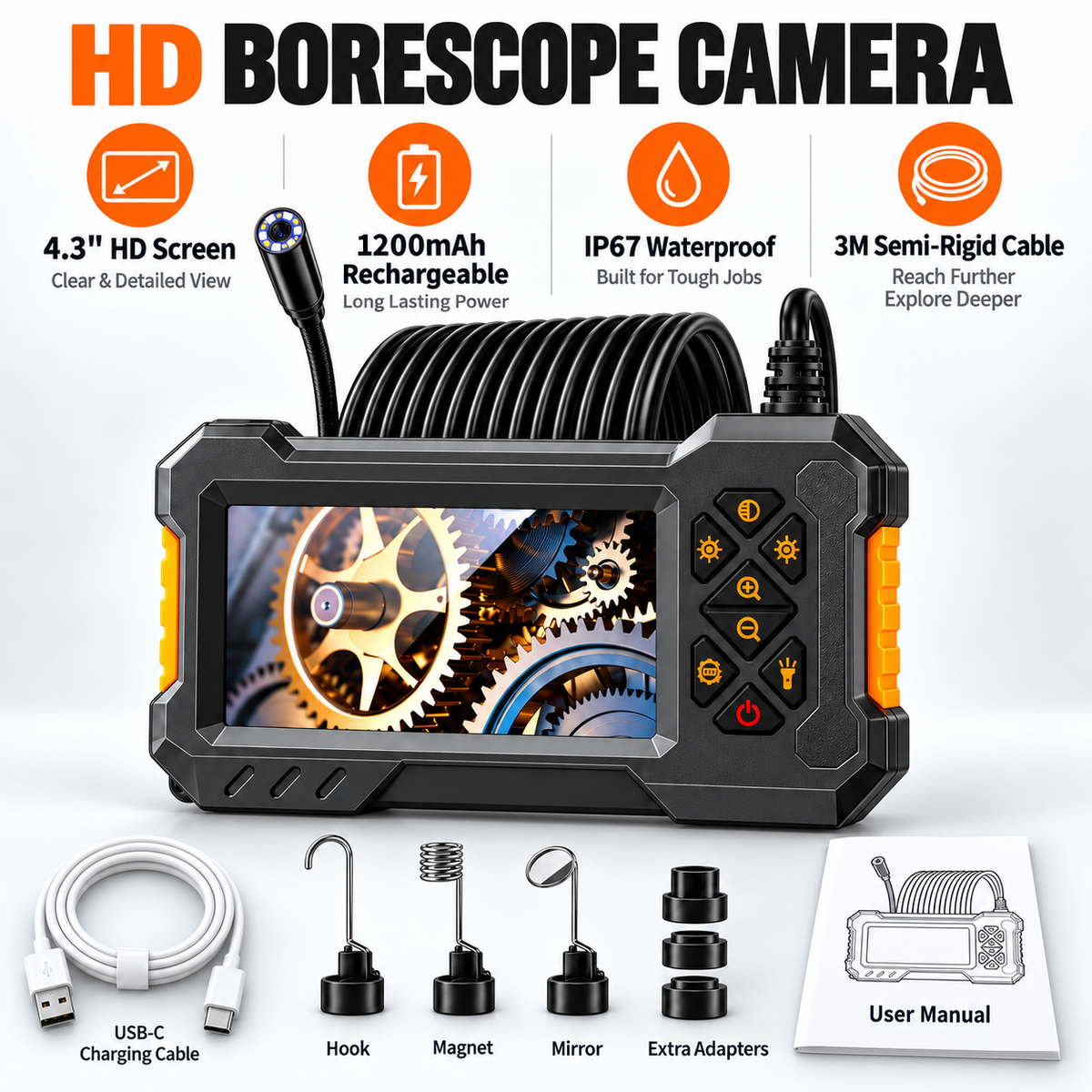 🎯📺HD Borescope Camera with Light - 4.3" HD Screen, Waterproof Endoscope with 8 LED Lights💡