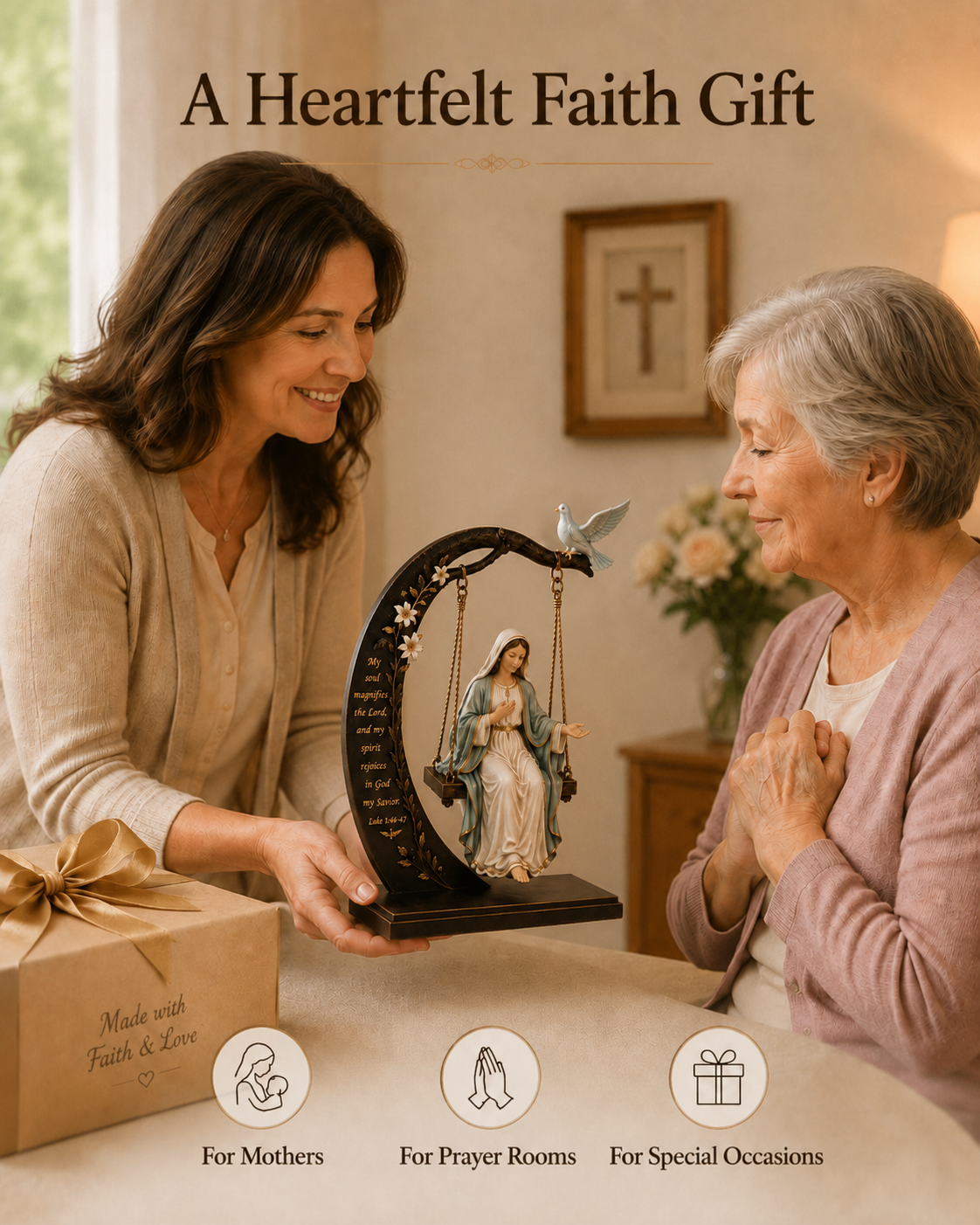✝️ Christian Faith Table Decor - Blessed Mary Cradle Swing Sculpture 🕊️