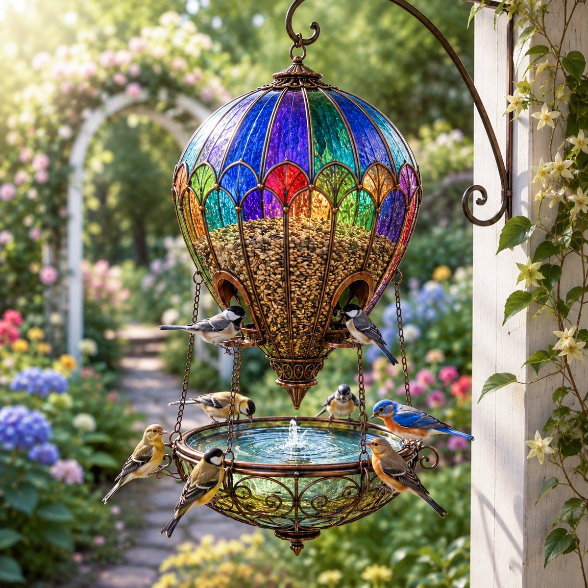 Decorative bird feeder hanging beside a garden porch
