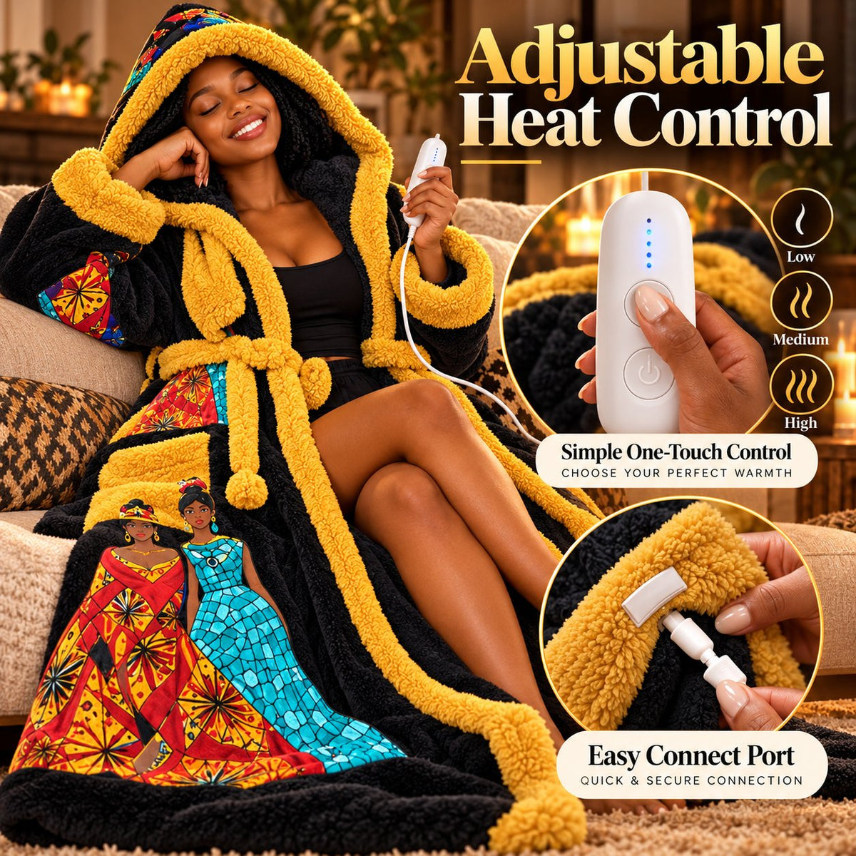 🔥African Queen Heated Plush Robe 👑 Ultra-Oversized Hood & Adjustable Heat
