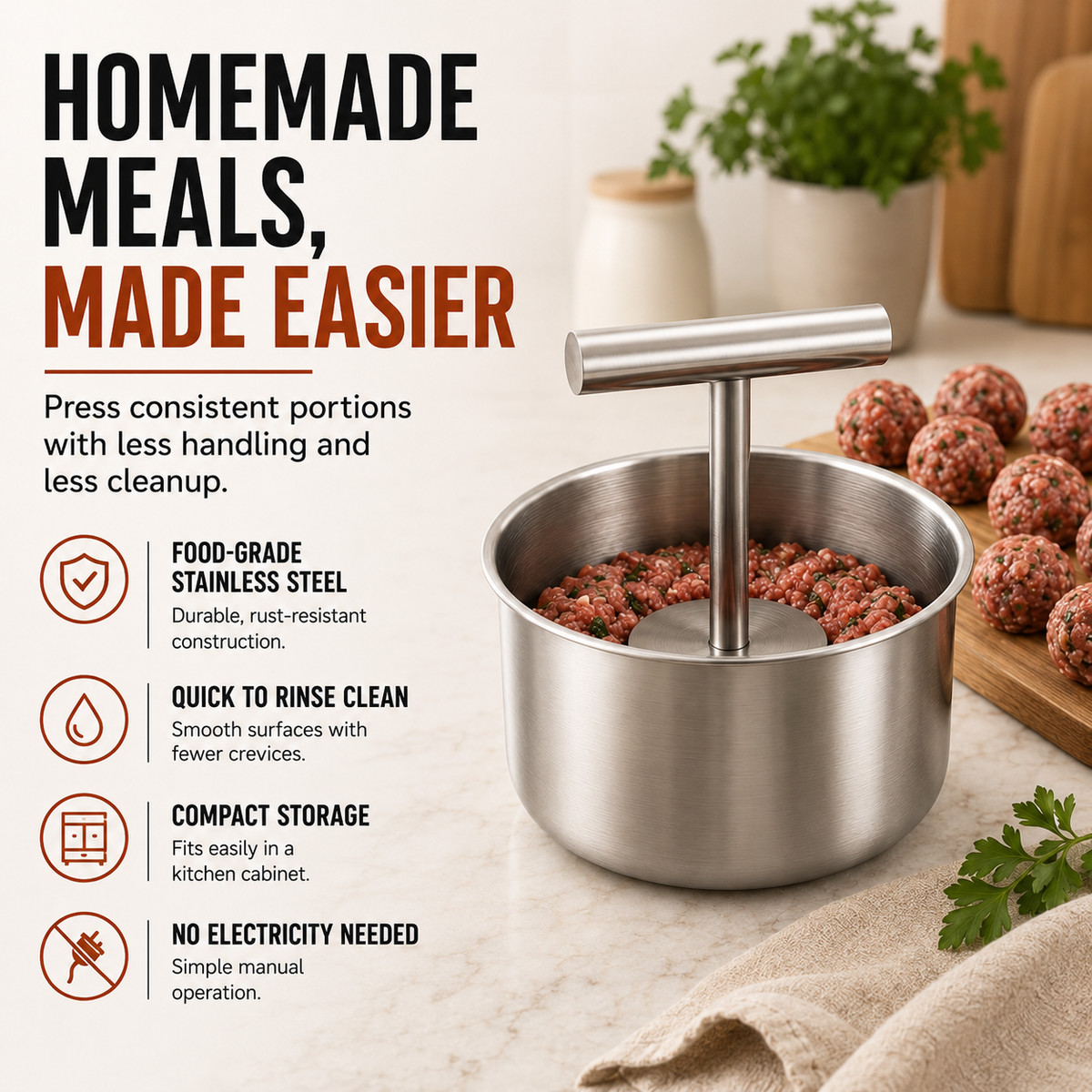 🥩 Stainless Steel 6-Hole Meatball Maker, Quick DIY Tool for Meat Balls, Fish Balls, Veggie Balls & Ice Cream