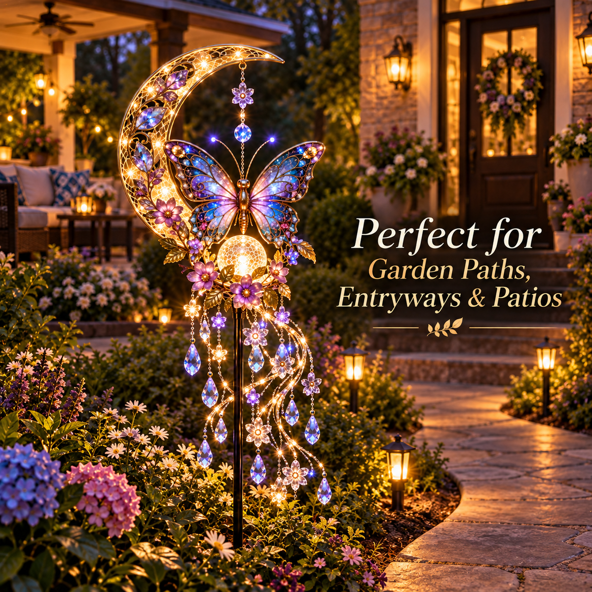 🦋 Glowing Butterfly Crescent Moon Solar Garden Light