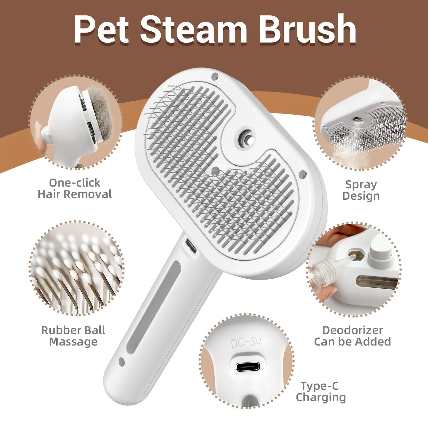 3-in-1 Steam Pet Brush | Self-Cleaning Deshedding & Massage Tool for Cats & Dogs