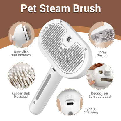 3-in-1 Steam Pet Brush | Self-Cleaning Deshedding & Massage Tool for Cats & Dogs