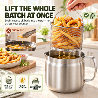 🍟 3-in-1 2.0L 4-Piece 304 Stainless Steel Deep Fryer Pot Set – Stovetop Frying, Oil Draining & Filtering with Basket & Lid