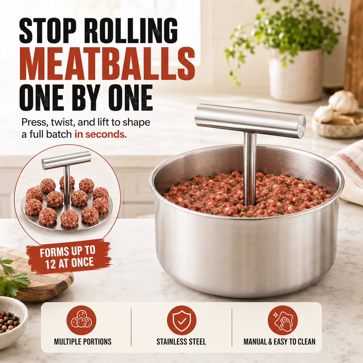🥩 Stainless Steel 6-Hole Meatball Maker, Quick DIY Tool for Meat Balls, Fish Balls, Veggie Balls & Ice Cream