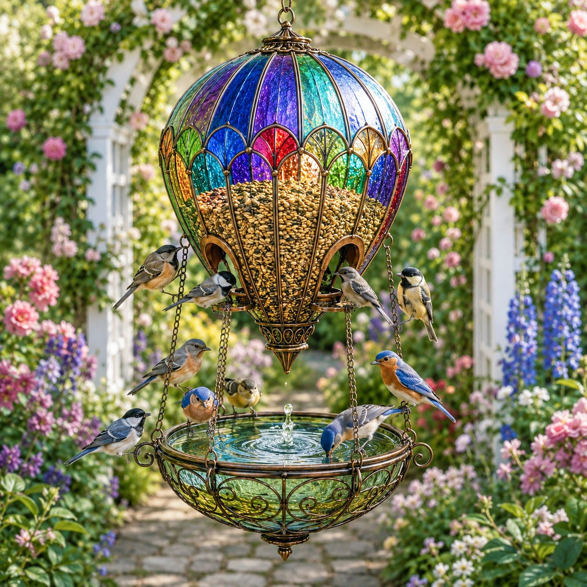 Colorful balloon bird feeder with vintage-style frame