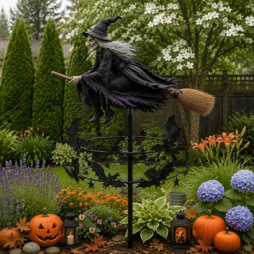 🧙‍♀️ Enchanted Witch Garden Wind Spinner – Where Witches Fly and Bats Dance