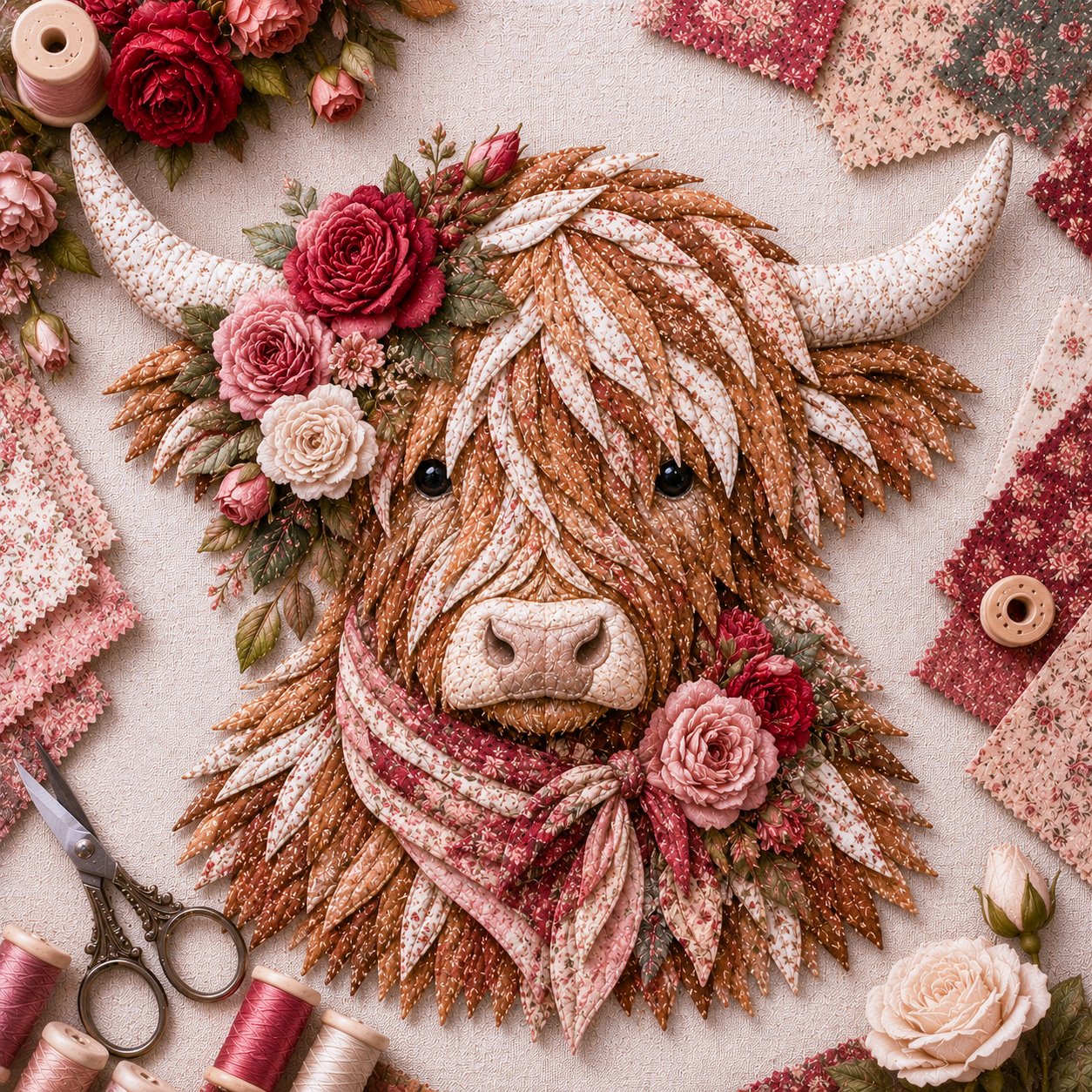 🔥Hot Sale🐮💐🌸 Birth Flower Highland Cow 3D Layered Fabric Art DIY Kit (Beginner-friendly)