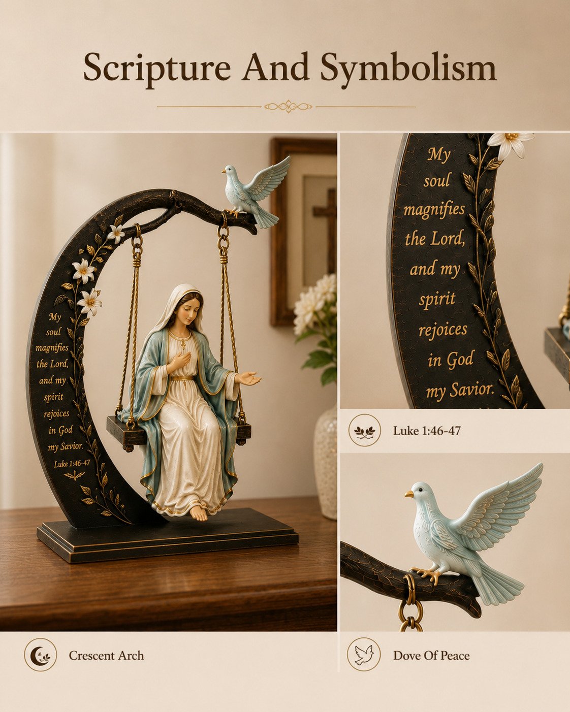 ✝️ Christian Faith Table Decor - Blessed Mary Cradle Swing Sculpture 🕊️