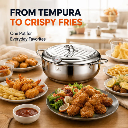 Last Day 60 % OFF🍟 Fry Crispy Food at Home – Stovetop Deep Fryer Pot with Thermometer & Drain Rack