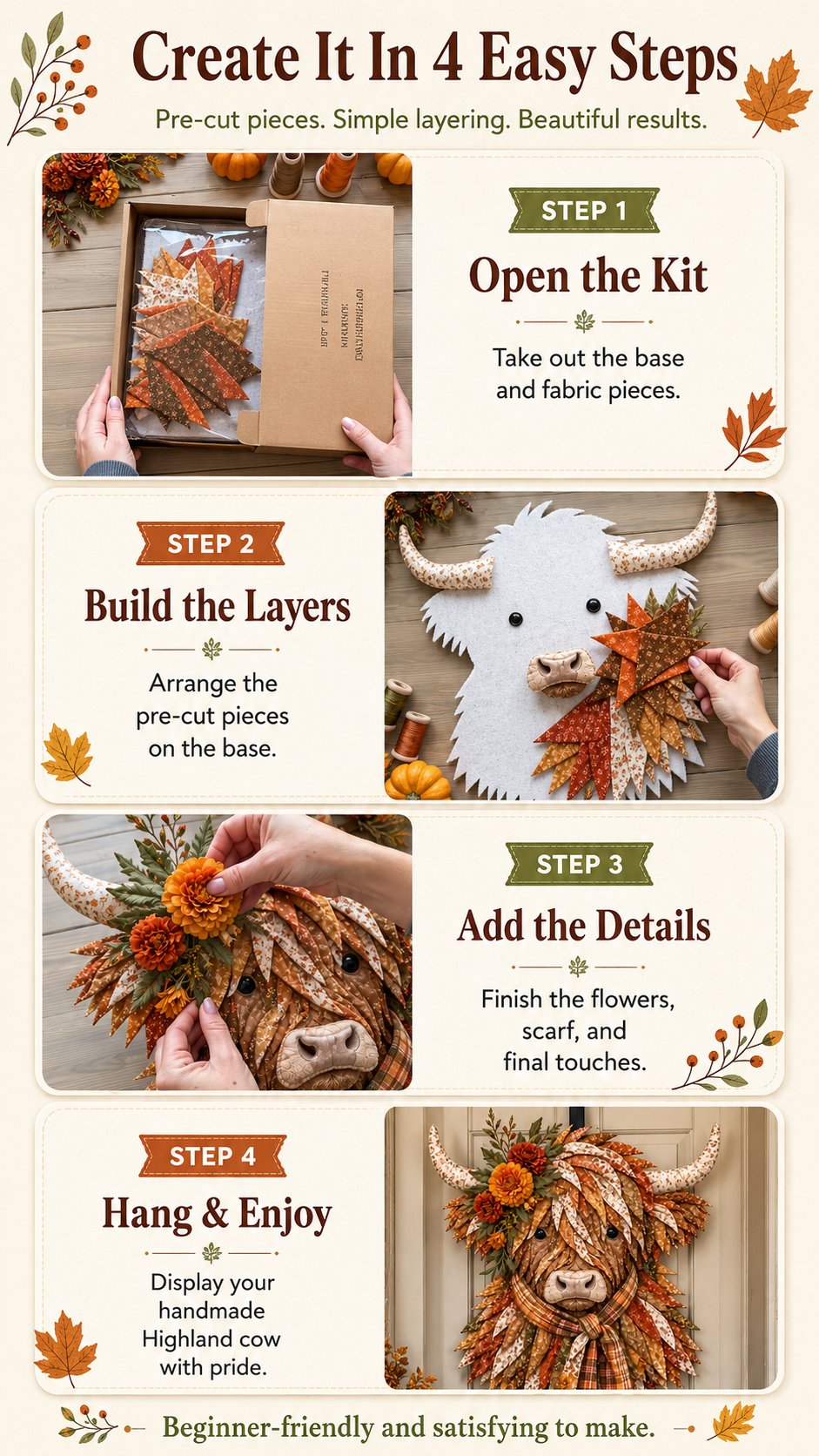 🔥Hot Sale🐮💐🌸 Birth Flower Highland Cow 3D Layered Fabric Art DIY Kit (Beginner-friendly)