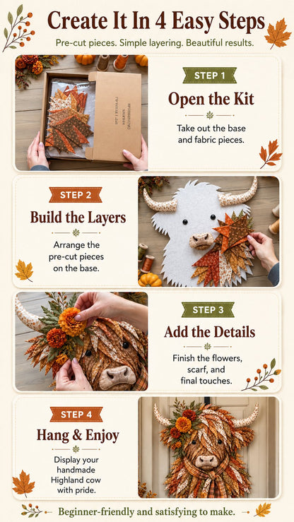 🔥Hot Sale🐮💐🌸 Birth Flower Highland Cow 3D Layered Fabric Art DIY Kit (Beginner-friendly)