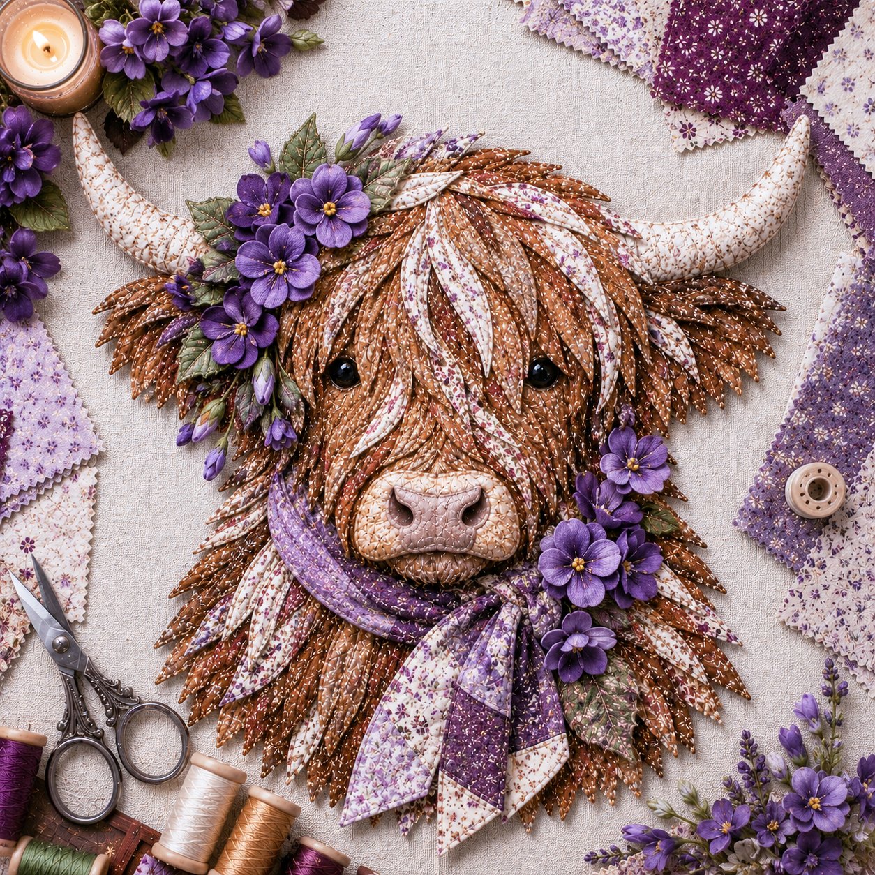 🔥Hot Sale🐮💐🌸 Birth Flower Highland Cow 3D Layered Fabric Art DIY Kit (Beginner-friendly)