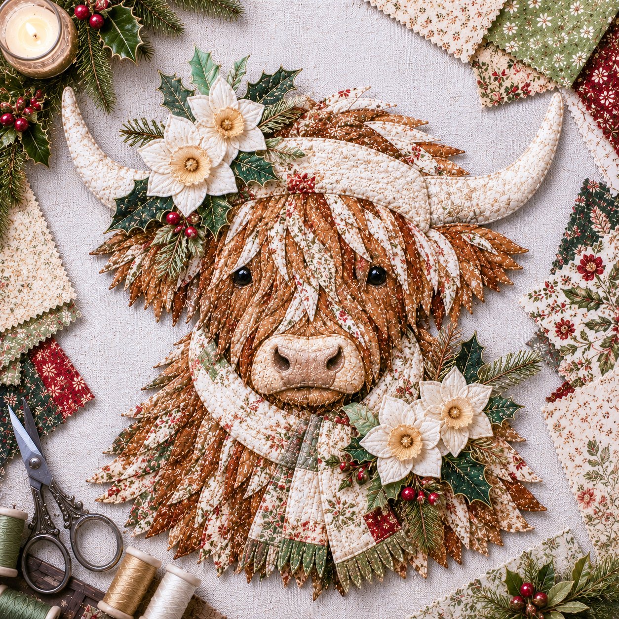 🔥Hot Sale🐮💐🌸 Birth Flower Highland Cow 3D Layered Fabric Art DIY Kit (Beginner-friendly)
