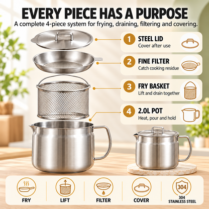 🍟 3-in-1 2.0L 4-Piece 304 Stainless Steel Deep Fryer Pot Set – Stovetop Frying, Oil Draining & Filtering with Basket & Lid