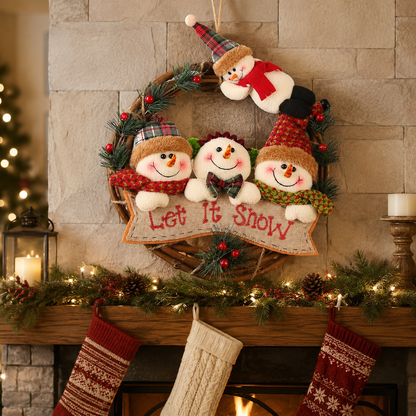 🎄 Plush Christmas Wreath – Santa, Reindeer & Snowman Door Hanging Decor