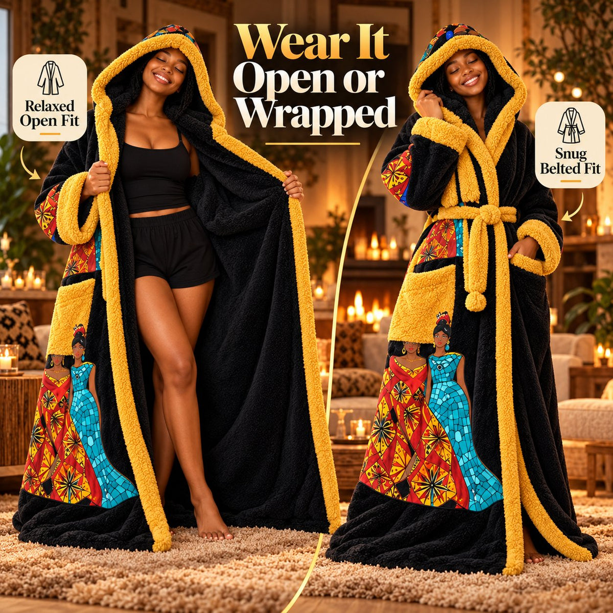 🔥African Queen Heated Plush Robe 👑 Ultra-Oversized Hood & Adjustable Heat