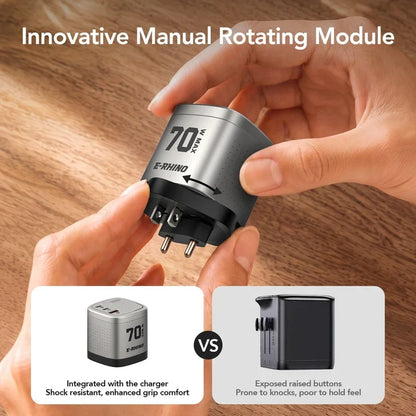 🔋70W GaN Global Travel Charger – 3-Port 4-in-1 Rotary Plug